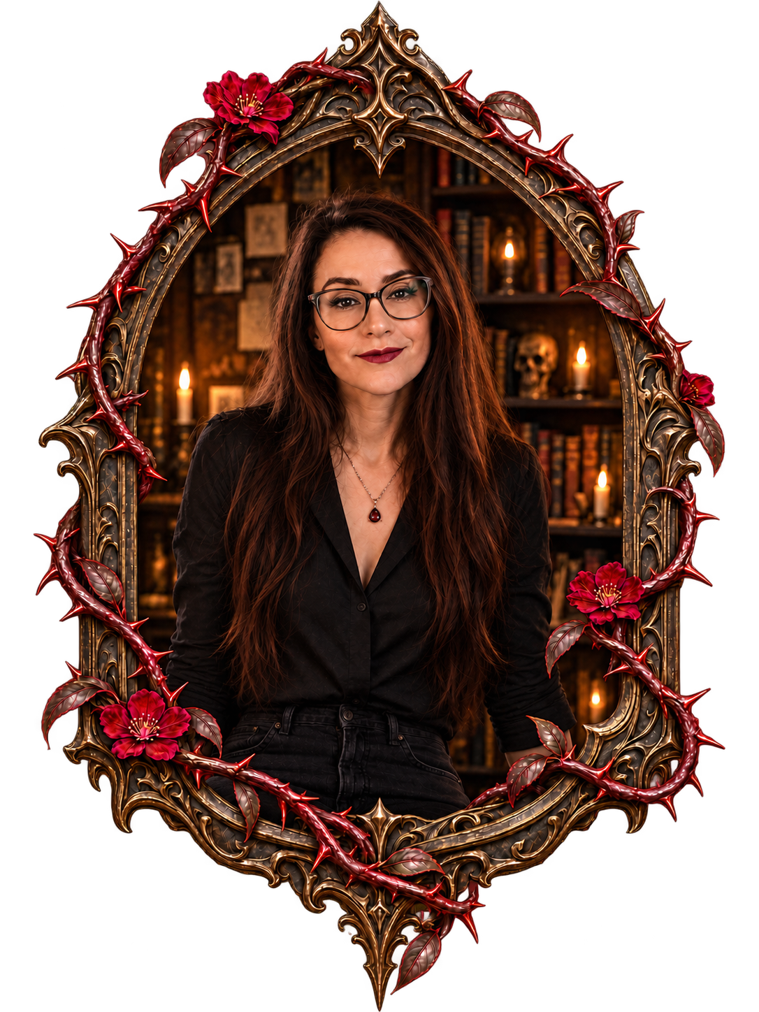 Scarlett Strange in a gothic arch frame wrapped with flowering thorn vines