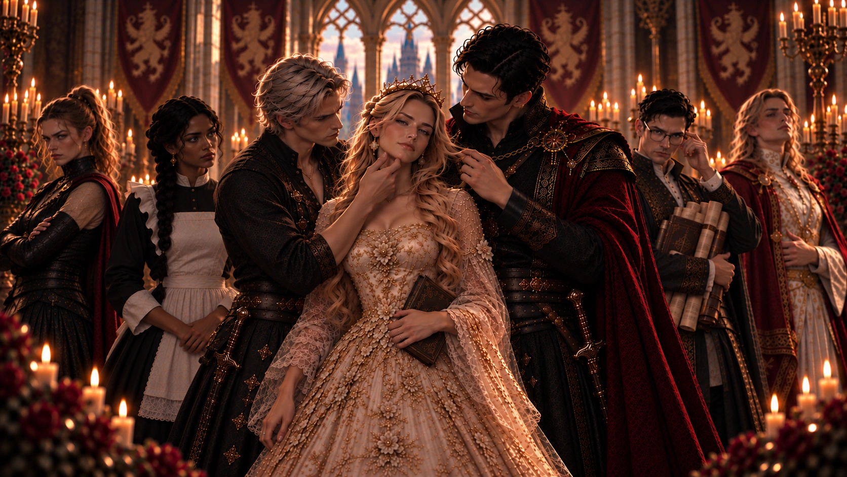 Between Worlds ensemble in a candlelit royal court